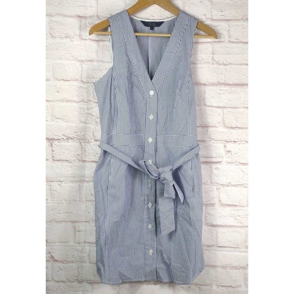 Rachel Roy Striped Sleeveless Dress Sz 10 Belted Cotton V-Neck Nautical Sailor